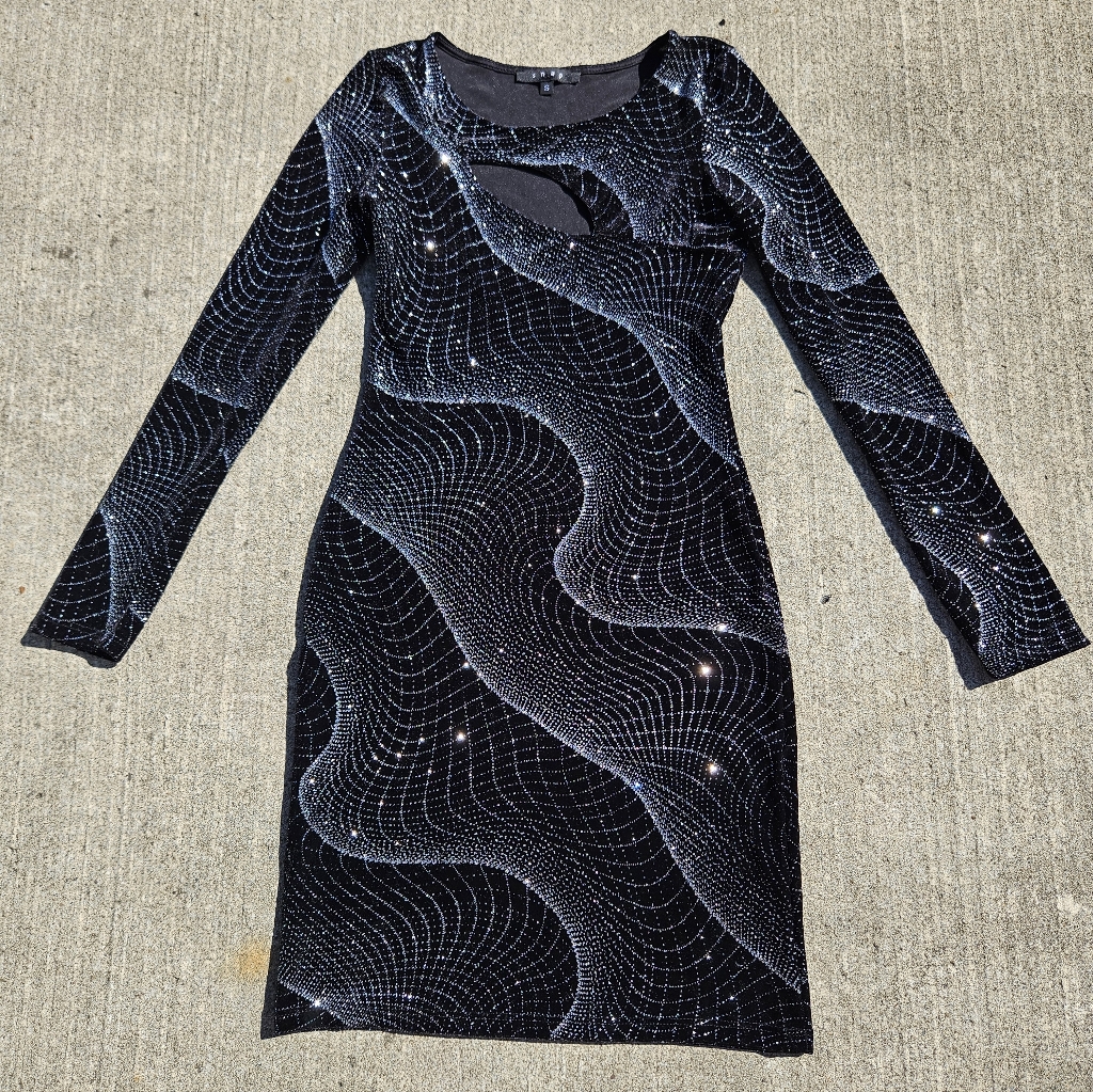 Gorgeous Silver Sparkle Snap Black Party Dress Long Sleeves Bodycon Size Small